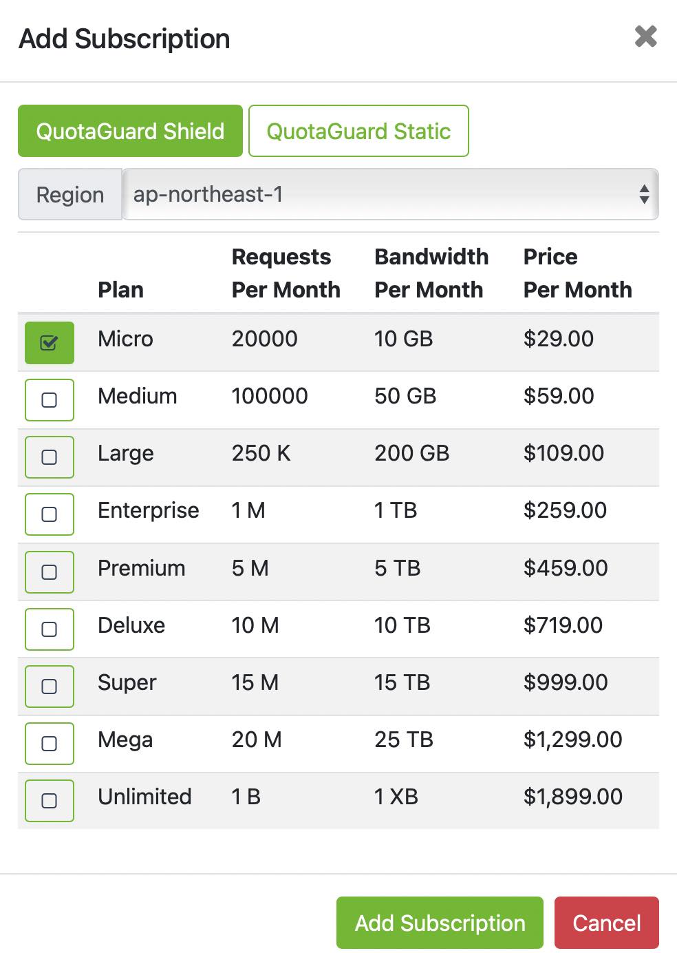 Add Subscription options for region and plan