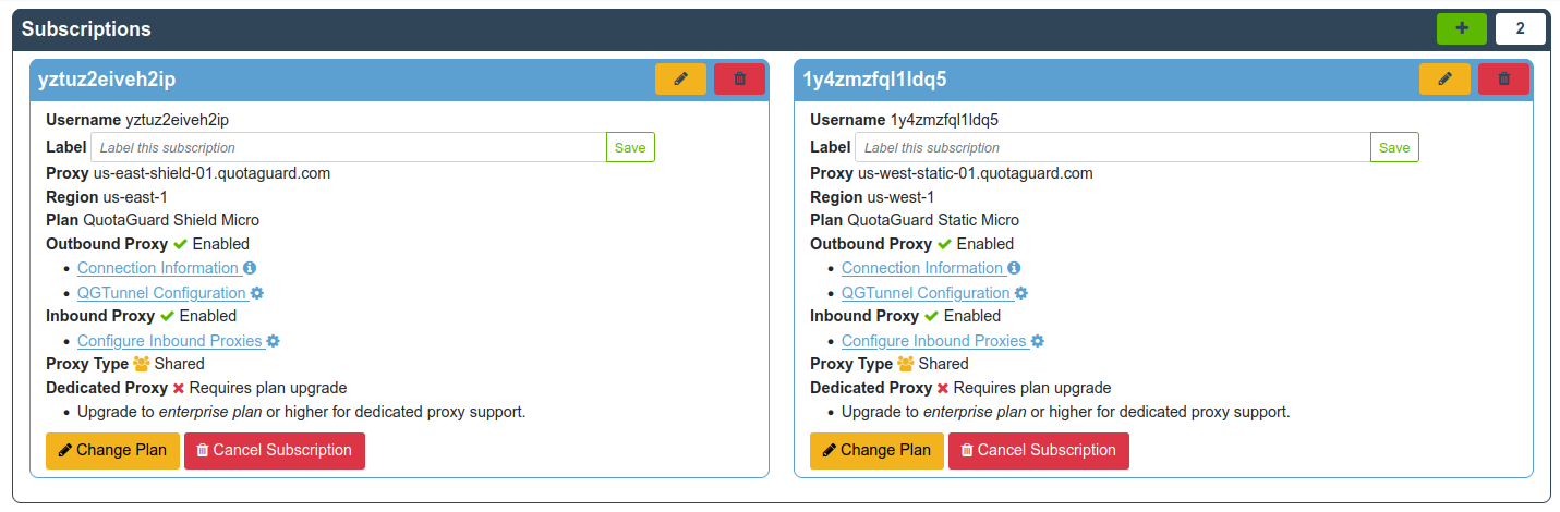 Label field on the subscriptions page
