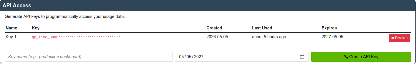 API Access section showing the keys table and the create form