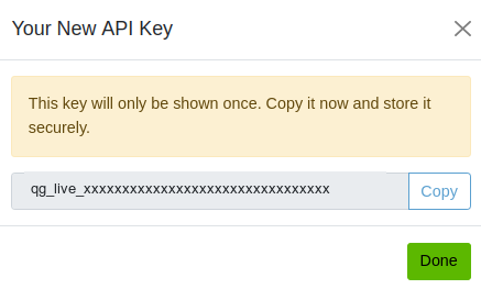 Confirmation modal showing the full key with a Copy button and a warning that it will only be shown once